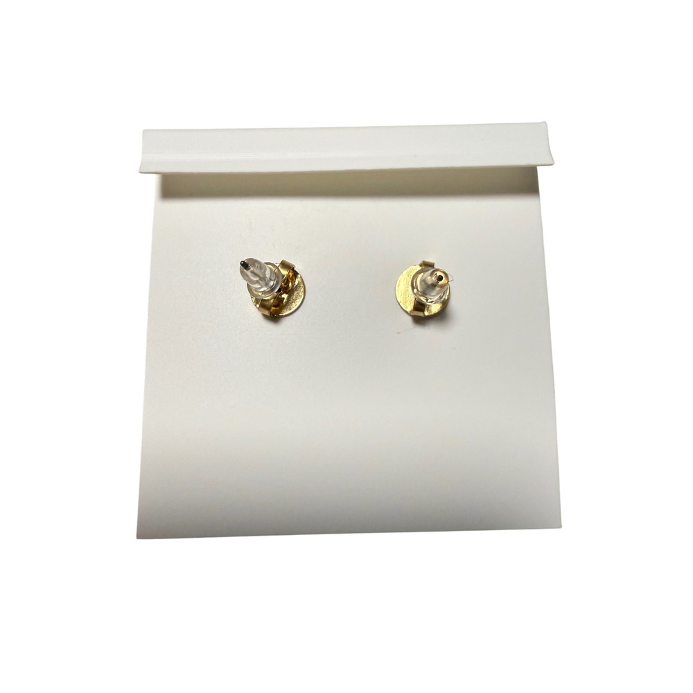 Tory Burch Gold Tone Faux Pearl Scalloped Double T Logo Stud Earrings with Pouch - Picture 3 of 5